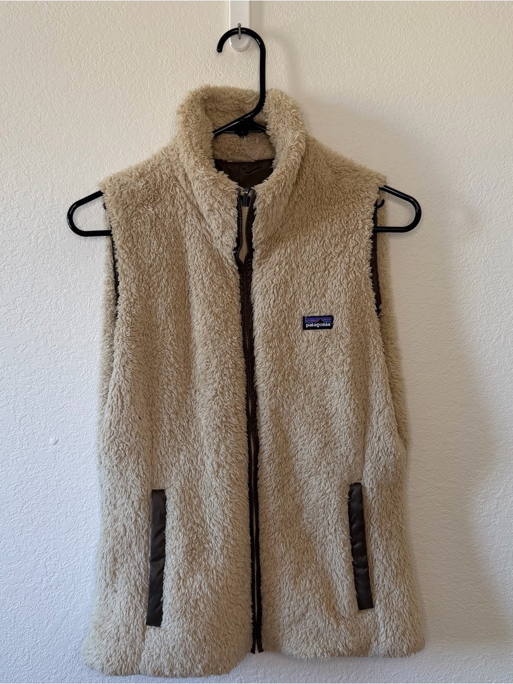 Patagonia Reversible Cream Sherpa Fleece Vest with Brown Trim